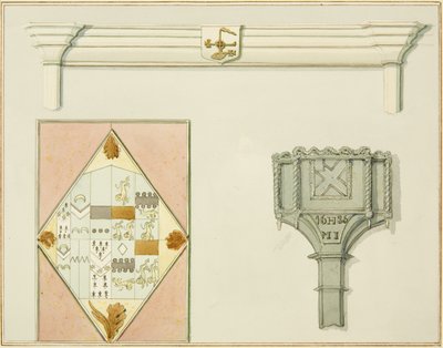 Skorsteinsstykke, farget glass og snøboks på 35 High Street (akvarell på papir) av Thomas Leeson the Elder Rowbotham