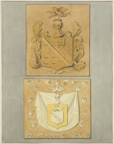 Våpenskjold på døråpningen i Langton Mansion, på baksiden (akvarell på papir) av Thomas Leeson the Elder Rowbotham