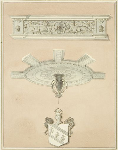 Detaljer om rommet i lovbiblioteket, inkludert anheng i sentralt tak og gesims (blyant og akvarell på papir) av Thomas Leeson the Elder Rowbotham