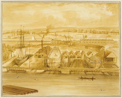 Hilhouses nye Dock sett fra Mardyke av Thomas Leeson the Elder Rowbotham