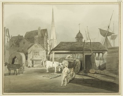 North-East End of King Street, som viser walisisk marked i 1802 (akvarell på papir) av Thomas Leeson the Elder Rowbotham