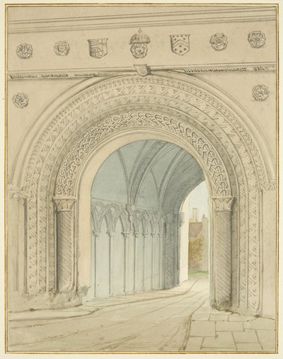 Nordutsikt over College Gateway-buen (blyant og akvarell på papir) av Thomas Leeson the Elder Rowbotham