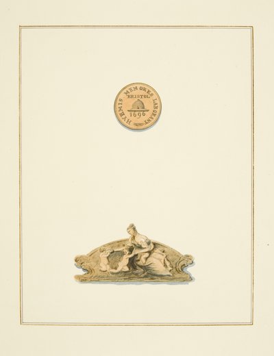 Ornamenter på stoler i rådssalen ved myntverket, og frisen i myntverkets vestibyle, nå St. Peters sykehus (akvarell på papir) av Thomas Leeson the Elder Rowbotham