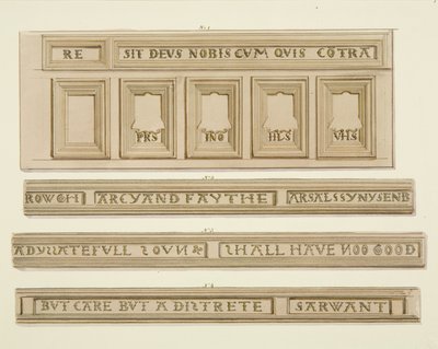 Paneling og inskripsjoner fra 46 Baldwin Street (akvarell på papir) av Thomas Leeson the Elder Rowbotham