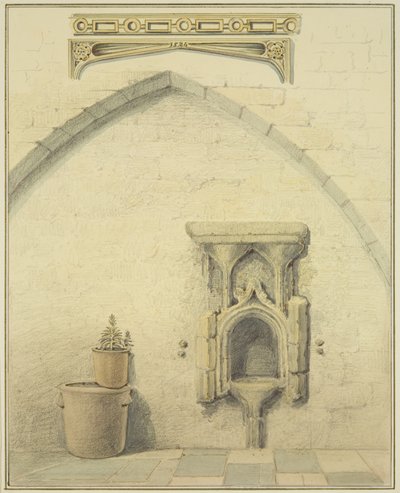 Piscina, Frieze og Spandrels i Courtyard of 131 Temple Street (blyant og akvarell på papir) av Thomas Leeson the Elder Rowbotham