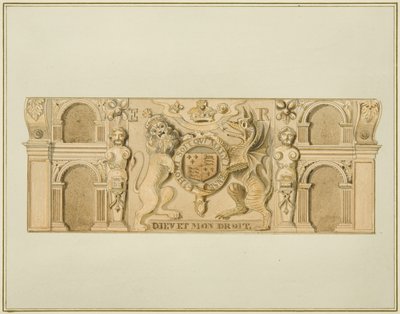 Dronning Elizabeths armer i eik tidligere i et hus i sørvestenden av Clare Street (akvarell på papir) av Thomas Leeson the Elder Rowbotham