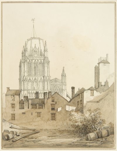 Redcliffe Church og en del av Redcliffe Hill med Shot Tower (akvarell på papir) av Thomas Leeson the Elder Rowbotham