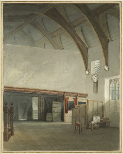 Rom i et hus i Cider House Passage, utenfor Broad Street (akvarell på papir) av Thomas Leeson the Elder Rowbotham