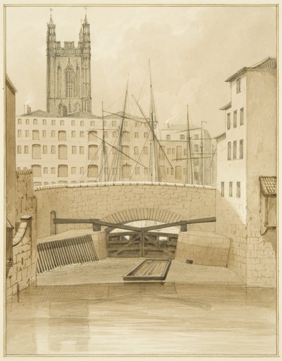 Stone Bridge vist Floodgates (blyant og akvarell på papir) av Thomas Leeson the Elder Rowbotham