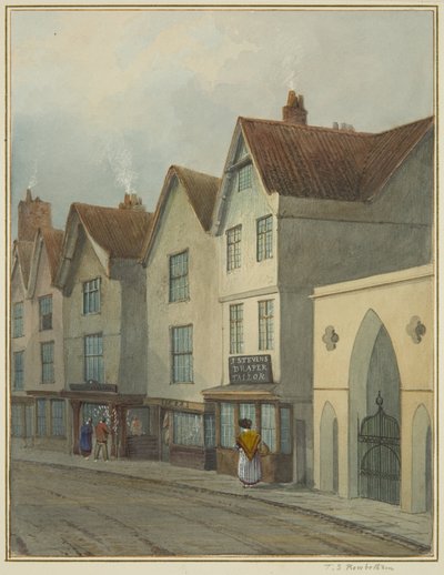 Temple Street som viser Gateway to Temple Church (akvarell på papir) av Thomas Leeson the Elder Rowbotham