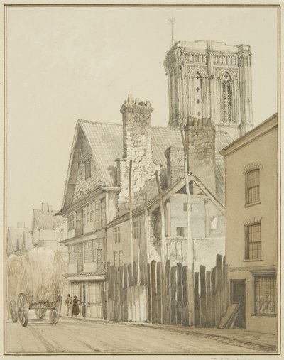 Temple Street, som viser Tower of Temple Church (akvarell på papir) av Thomas Leeson the Elder Rowbotham