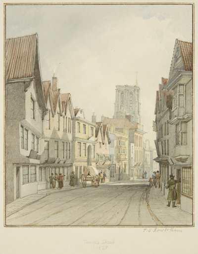 Temple Street, som viser tårnet til Temple Church (akvarell på papir) av Thomas Leeson the Elder Rowbotham