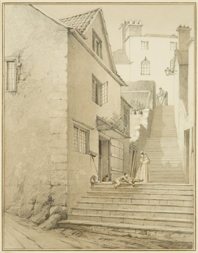 Trinnene som forbinder Griffin Lane og Church Lane (akvarell på papir) av Thomas Leeson the Elder Rowbotham