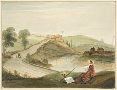 Totterdown og Pile Hill fra Bath Road, som viser Brislington Turnpike (med en Miss Braikenridge? Skisser) av Thomas Leeson the Elder Rowbotham