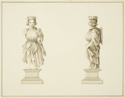To visninger av en utskåret trefigur i vestry-rommet i St John's Church (blyant og akvarell på papir) av Thomas Leeson the Elder Rowbotham