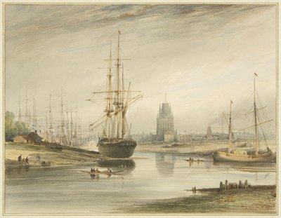 Utsikt som ser oppover elven, tatt fra under Rope Walk and Wapping, ca. 1804 av Thomas Leeson the Elder Rowbotham