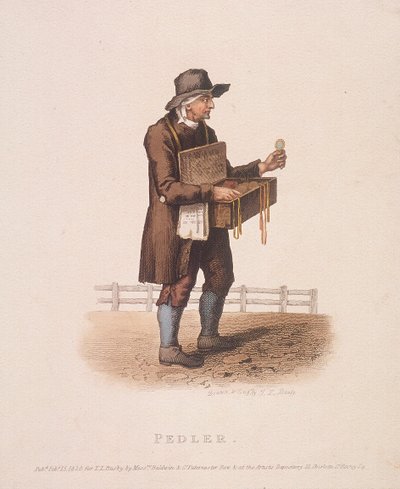 Pedlar med boksen med varer hang rundt halsen, 1820 av Thomas Lord Busby