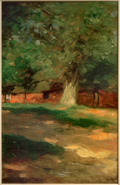 Våningshus bak et stort tre av Thomas Ludwig Herbst