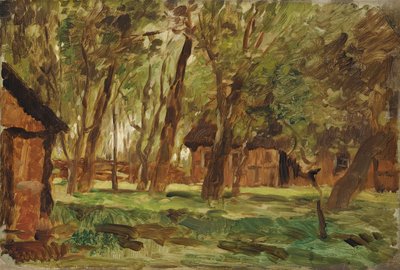 Gård under trær (olje på papir) av Thomas Ludwig Herbst