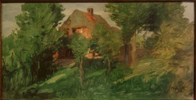 Rødt hus bak trær av Thomas Ludwig Herbst
