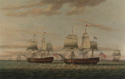 En indianer og en todekker hev til, sies å være Thomas Dumar, Esq. i HM Ship 'Portland' som leverer Leeward Island Convoy, i 1776 av Thomas Luny