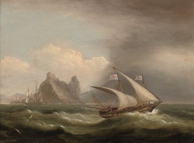 En væpnet Xebec i Middelhavet, en britisk fregatt utenfor hekken og løper forbi en steinete kystlibne, 1822 av Thomas Luny