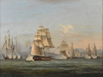 HMS Spartan & French Fregates: Beginning of the Action, 3. mai 1810 (Napolibukten) (olje på lerret) av Thomas Luny