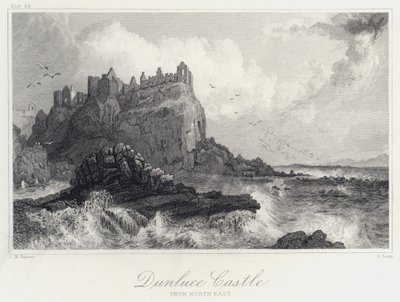 Dunluce Castle, fra nordøst (gravering) av Thomas Mann (after) Baynes