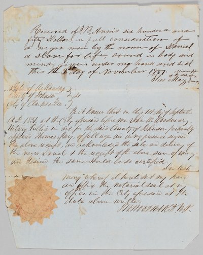 Salgsbrev for en mann ved navn Daniel til Jerome B. Annis, 1. november 1851. av Thomas May