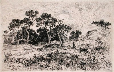En sørlig vind og en overskyet himmel Proklamere det til en jaktmorgen (etsing) av Thomas Moran