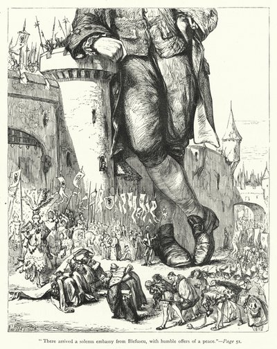 Illustrasjon for Gullivers reiser av Jonathan Swift (gravering) av Thomas Morten