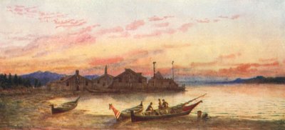 Siwash landsby, Stillehavskysten (fargelitografi) av Thomas Mower Martin