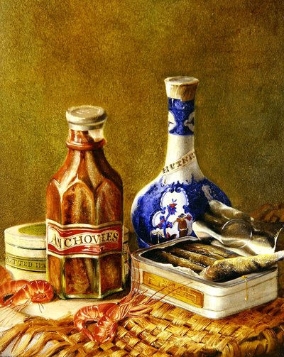 Stilleben med ansjos, ca. 1844-62 (olje på kort lagt på lerret) av Thomas Musgrave