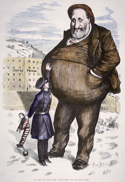 Tegneserie med William Marcy 'Boss' Tweed (1823-78) fra 'Harper's Weekly', 6. januar 1872 (farget gravering) av Thomas Nast