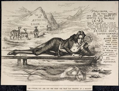 Oscar Wilde som Narcissus (med en inskripsjon) (gravering) av Thomas Nast