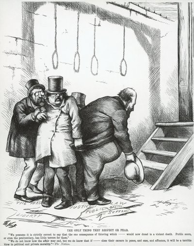 The Only thing they Respect of Fear, fra 'Harper's Weekly', 21. oktober 1871 (gravering) William M.'Boss' Tweed klemmer figuren til Samuel J. Tilden, fra 'Harper's Weekly' av Thomas Nast