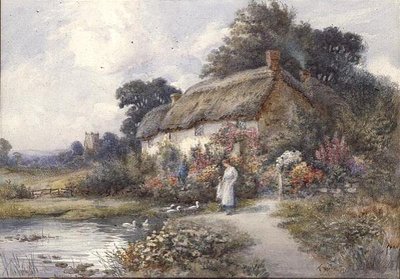 Hytte med stråtak, Ringwood, Hampshire (akvarell) av Thomas Noelsmith