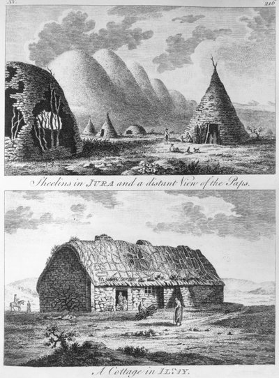 Sheelins i Jura og en fjern utsikt over Paps and A Cottage of Islay, fra 'A Tour in Scotland, and voyage to the Hebrides' 1772 av Thomas Pennant