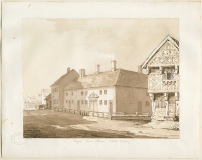 Abbots Bromley Almshouses: sepia vask tegning av Thomas Peploe Wood