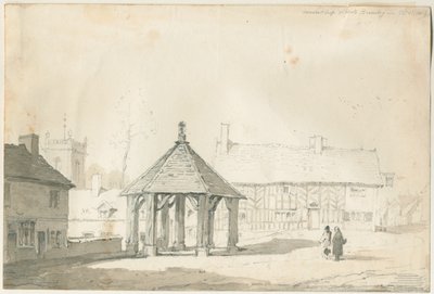 Abbots Bromley Tudor - Market Cross and House: blyant- og vasketegning av Thomas Peploe Wood