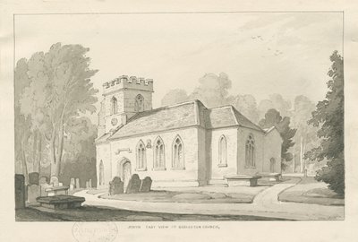Barlaston Church: penn- og vasketegning, 1838 av Thomas Peploe Wood