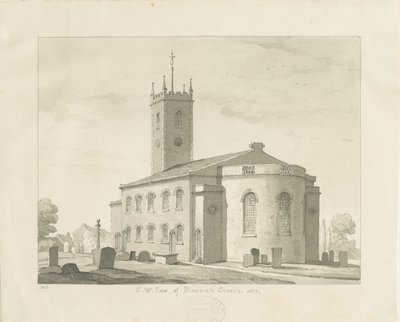 Bloxwich Church: sepia-tegning, 1837 av Thomas Peploe Wood