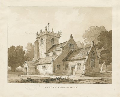 Broughton Church: sepia-tegning, 1838 av Thomas Peploe Wood