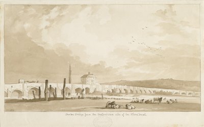 Burton-upon-Trent Bridge and Town: sepia-tegning, 1837 av Thomas Peploe Wood