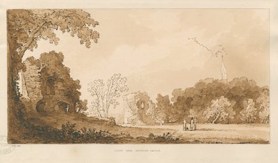 Chartley Castle: rød-sepia-tegning av Thomas Peploe Wood