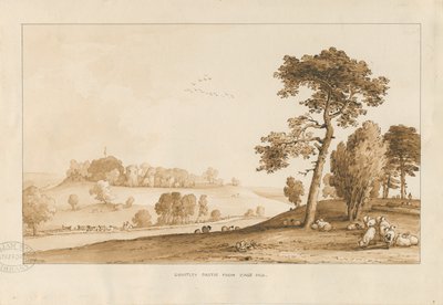 Chartley Castle: sepia vasketegning, 1837 av Thomas Peploe Wood