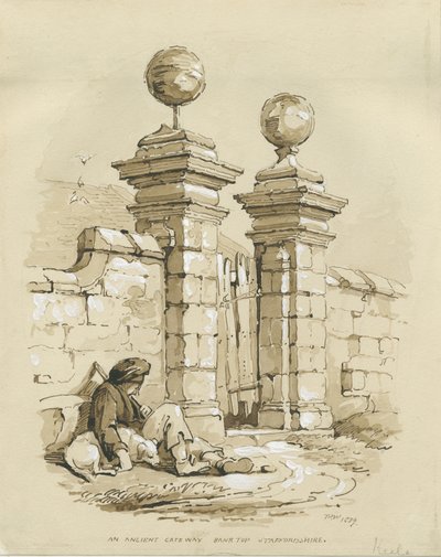 Colwich - Ancient Gateway at Bank Top: sepia-tegning av Thomas Peploe Wood