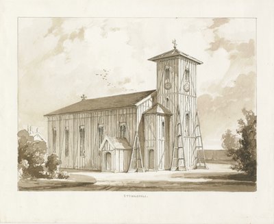 Ettingshall kirke: sepia vasketegning, 1841 av Thomas Peploe Wood