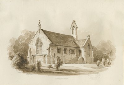 Great Haywood Chapel: sepia vask tegning, 1840 av Thomas Peploe Wood
