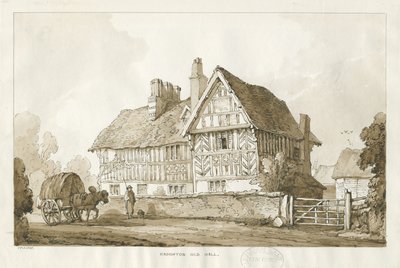 Haughton - Old Hall: sepia-tegning, 1838 av Thomas Peploe Wood